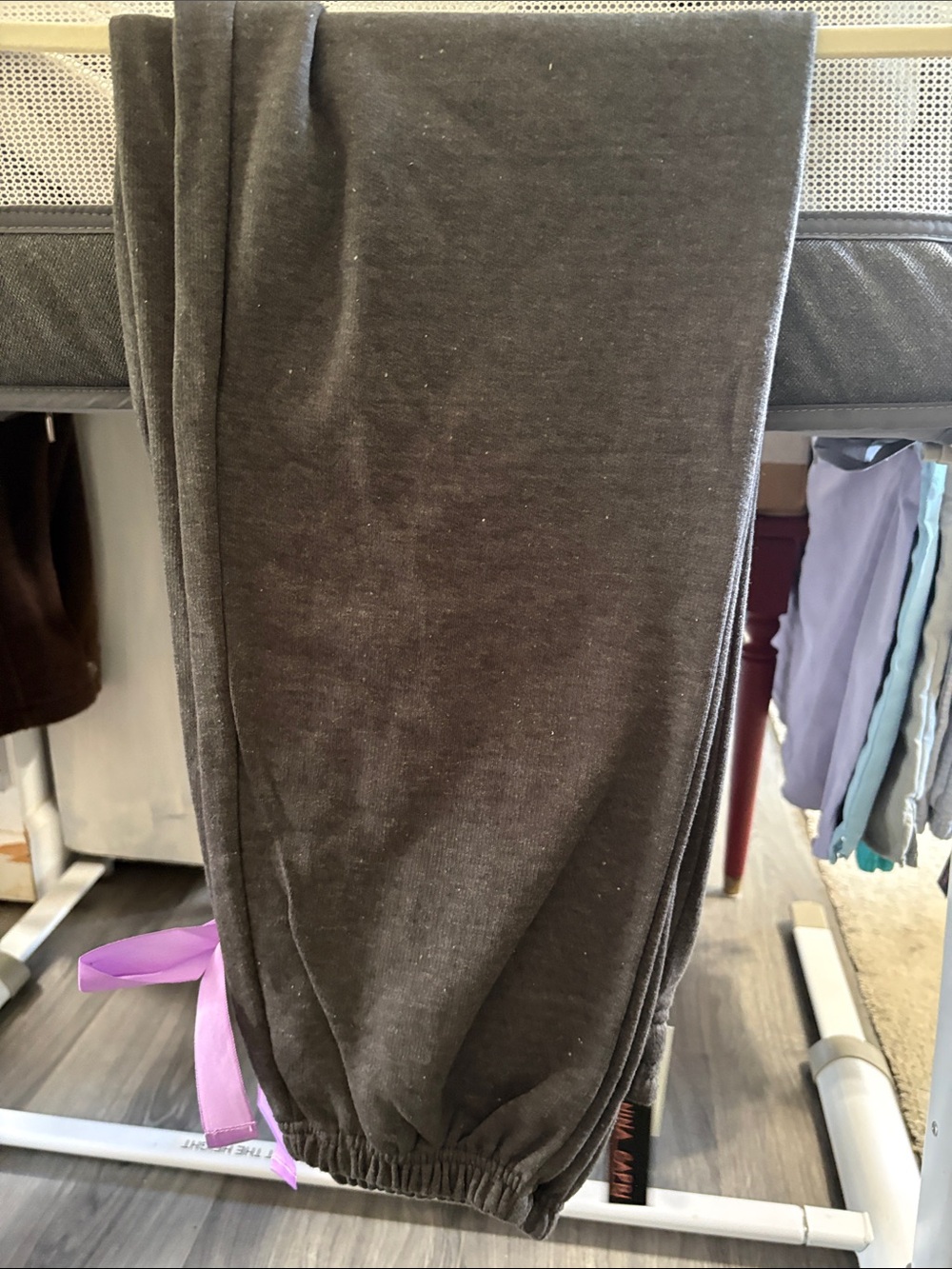 Nina Capri Dark Gray Joggers with Purple Paisley Accent - Picture 4 of 9